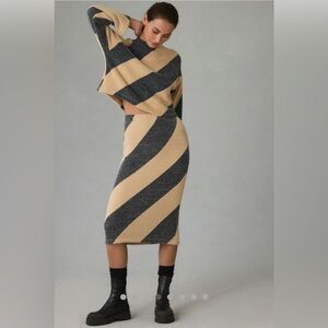NWT Maeve Striped Knit Midi Skirt and Top in Charcoal and Tan